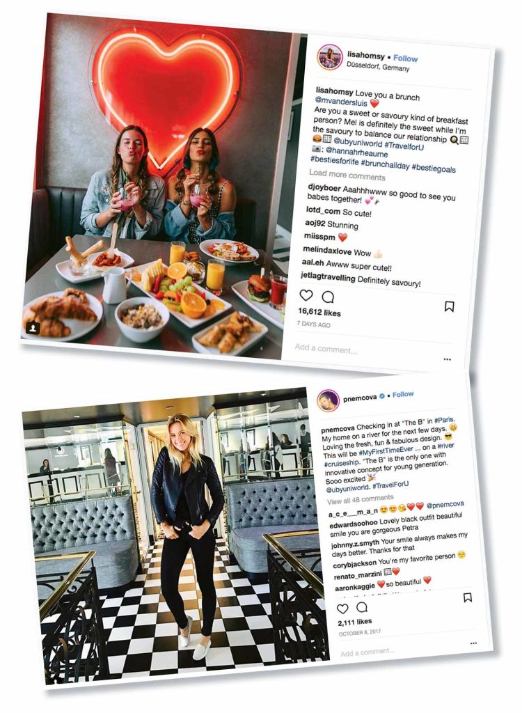 Top. a post by travel and lifestyle blogger Lisa Homsy, one of the social media influencers U by Uniworld hosted on a cruise to help spread the word about its cruises targeting millennials. Homsy has more than 225,000 Instagram followers. Bottom, a post by Petra Nemcova, whom U by Uniworld picked to serve as the brand’s representative.