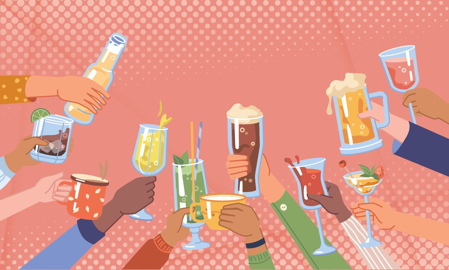 Illustration of hands holding up different types of beverages