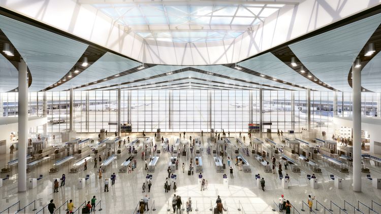 A rendering shows the consolidated security screening area in the terminal being built at Louis Armstrong. (Photo Courtesy of the New Orleans Aviation Board)