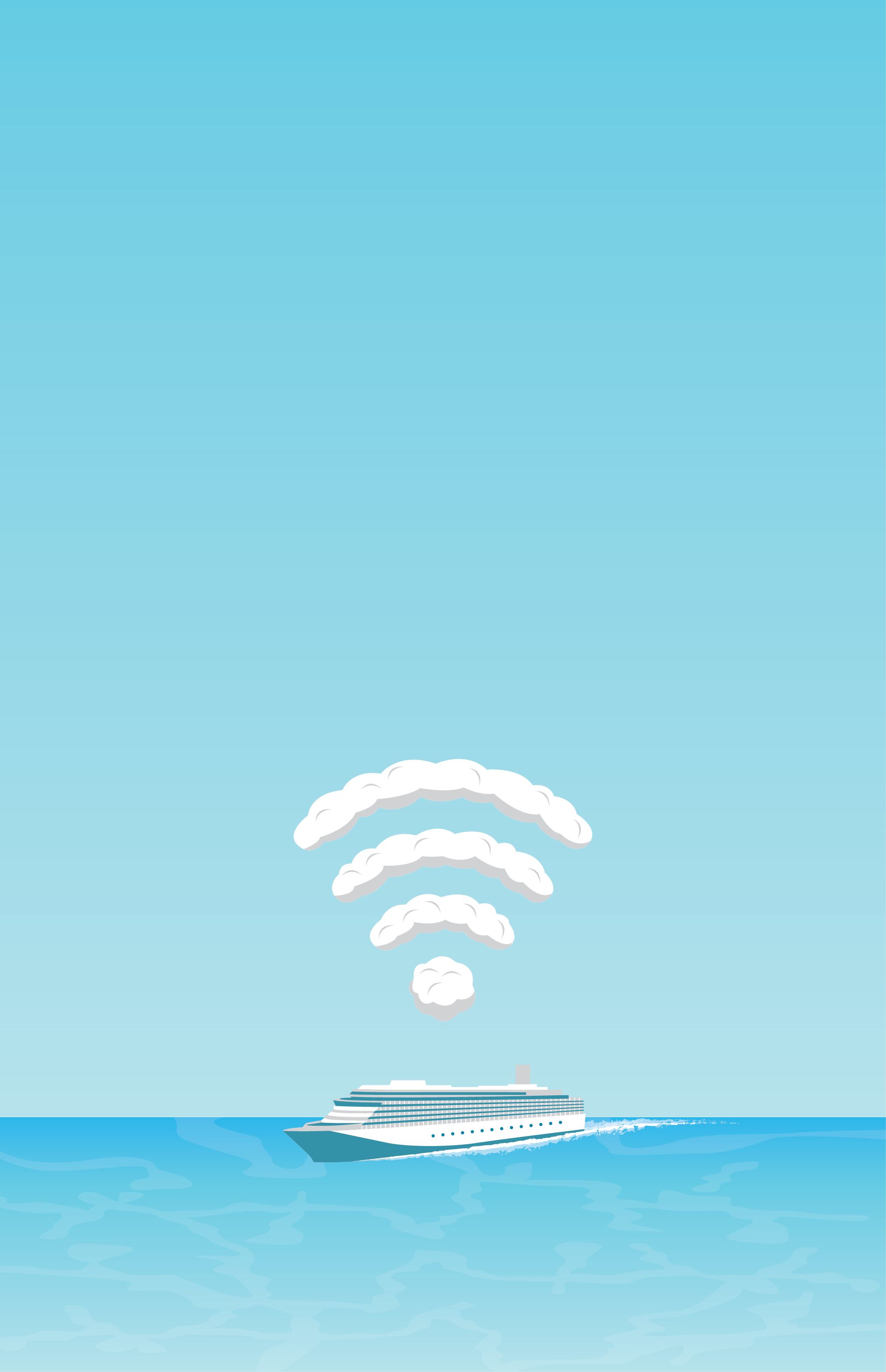 Illustration of a cruise ship out in the ocean with clouds forming the shape of a wifi signal
