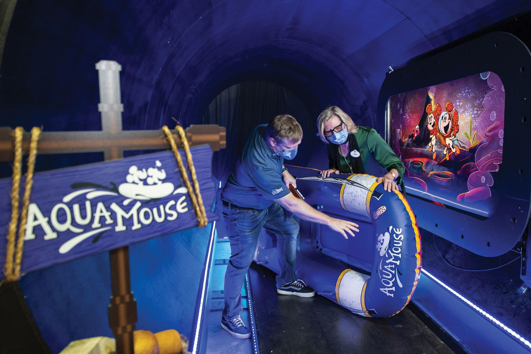 Laura Cabo, Walt Disney Imagineering creative executive who is leading the design for Disney Cruise Line’s Wish, in the mock-up tunnel of the AquaMouse experience.