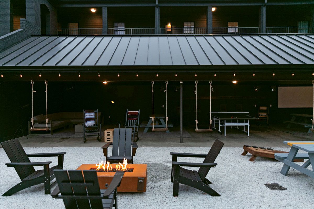 A shared outdoor space at Bode’s recently opened residence-style hotel in Nashville.